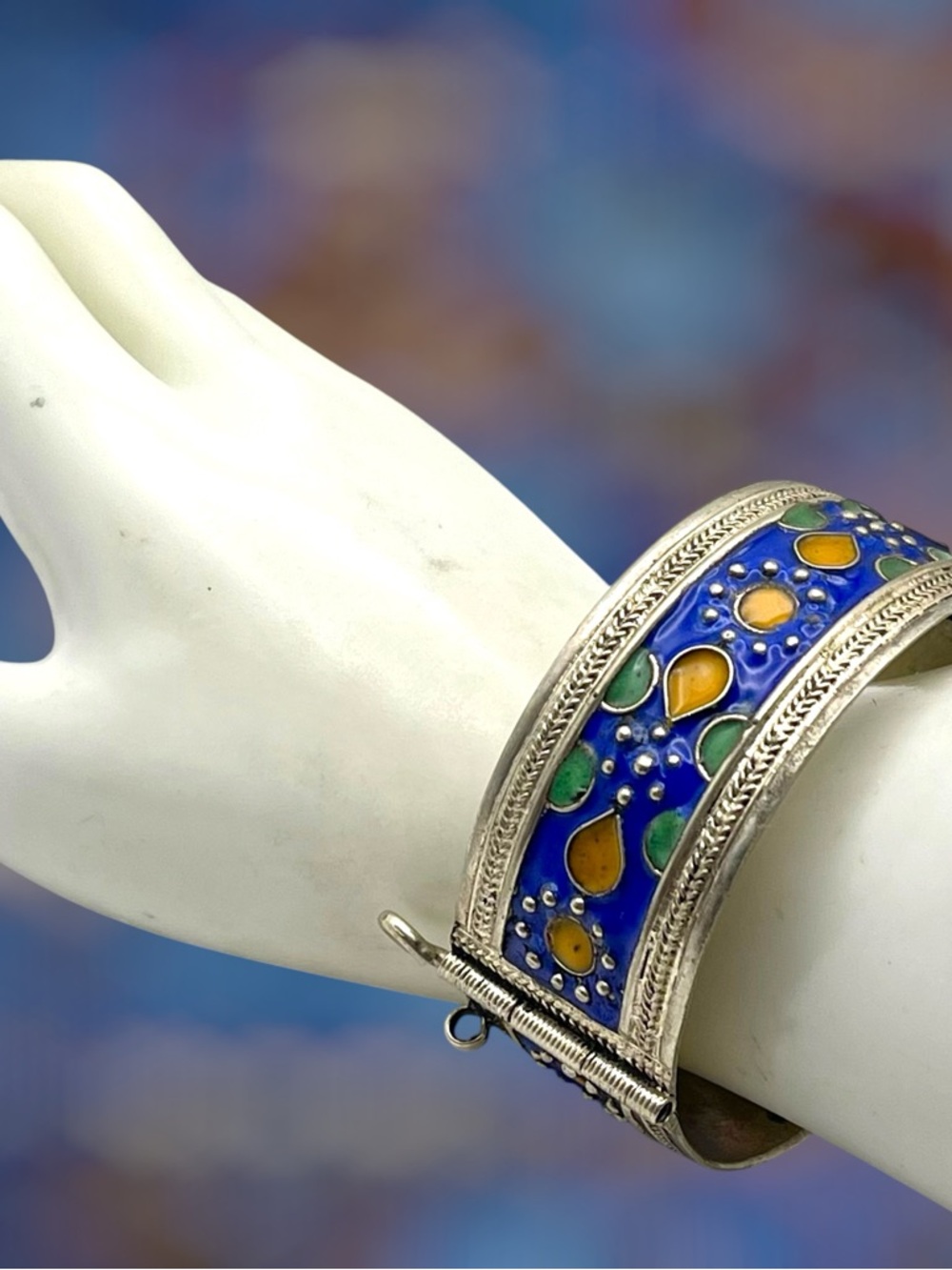 Vintage Kabyle Berber Algerian Tribal Silver and Enamel Hinge Cuff Bracelet